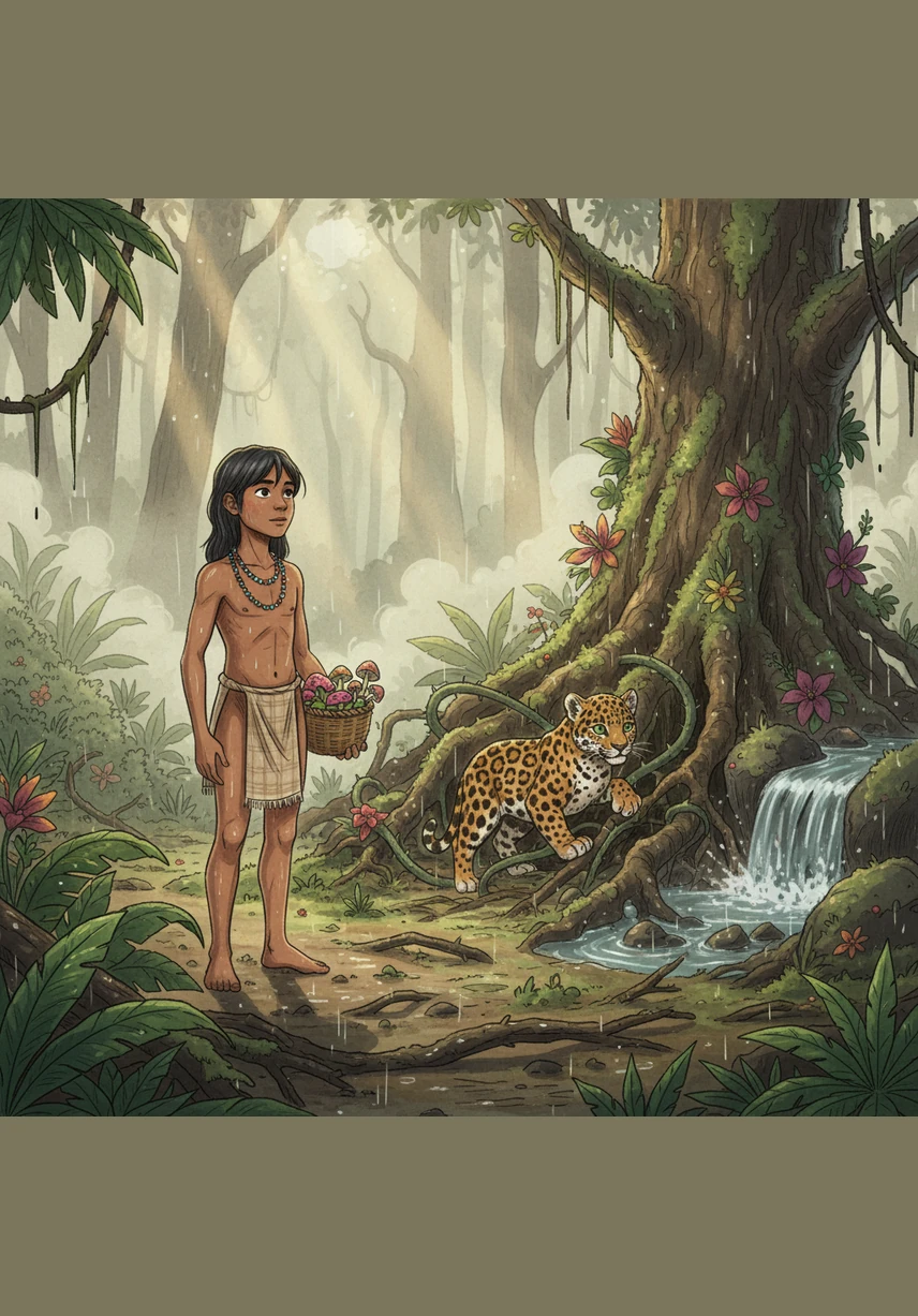 Tras la tormenta, una niebla mística envuelve el paisaje, transformando la selva en un reino de ensueño. Yara sigue el rastro de unas orquídeas blancas que florecen instantáneamente a su paso, guiándolos hacia el territorio de los grandes felinos.