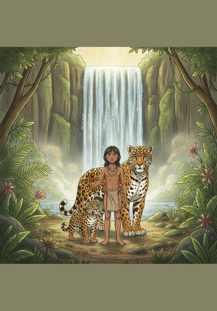 Llegan a un claro cerca de una cascada majestuosa donde el agua cae como hilos de plata líquida. El aire vibra con una energía antigua y poderosa, y las plantas a su alrededor comienzan a emitir un zumbido rítmico que anuncia una presencia importante.