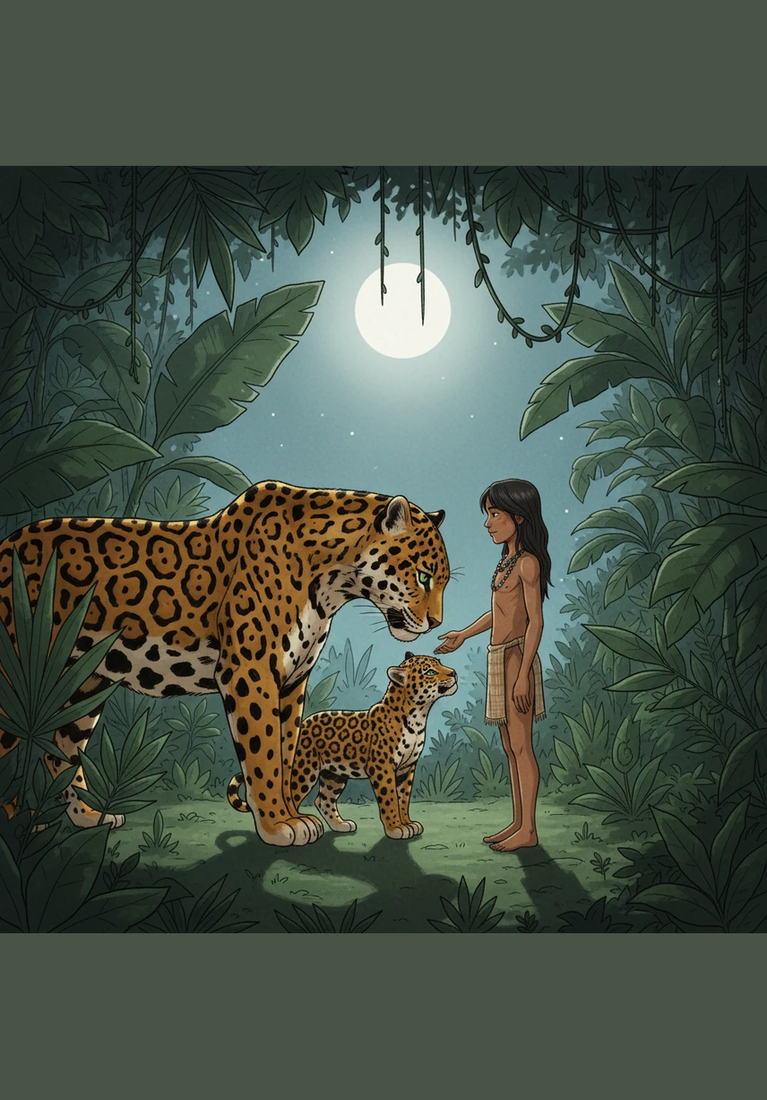Desde las sombras de la vegetación emerge la madre jaguar, una criatura imponente con un pelaje que brilla como el oro bajo la luz de la luna. Tras un reencuentro lleno de ternura con su cría, la gran felina inclina su cabeza ante Yara en señal de profundo respeto y gratitud.
