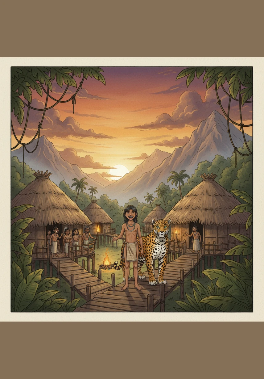 Mientras el sol se pone tiñendo el horizonte de carmesí y naranja, Yara regresa a su aldea con el corazón lleno de paz. Ahora sabe que no es solo un habitante de la selva, sino una parte vital de este gran ser vivo que respira, protege y ama.