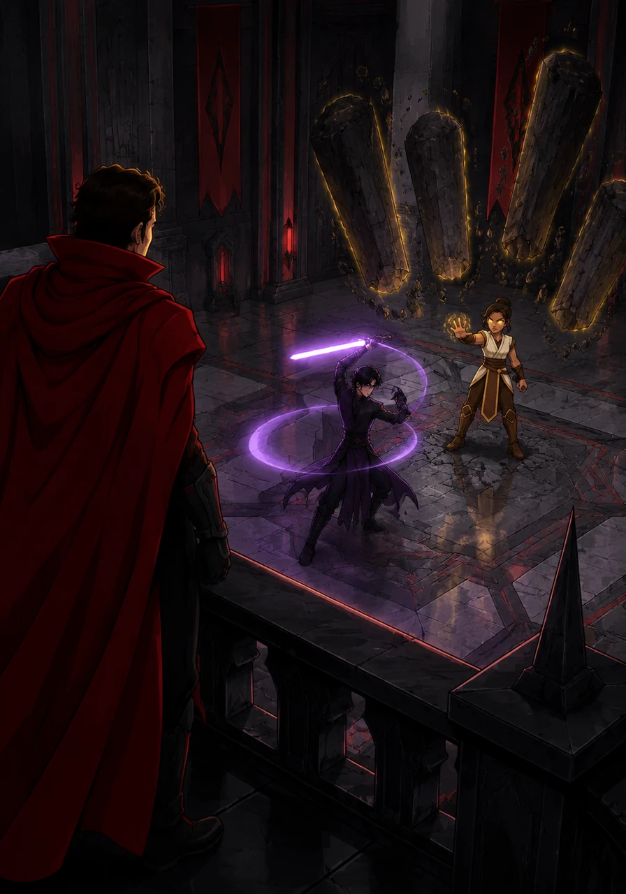 Lord Tenax stands on a high obsidian balcony overlooking the grand training hall of a hidden Sith academy, his crimson cloak billowing in the cold draft. Below him, the lithe and graceful Kaelen moves with feminine elegance, his violet lightsaber spinning in a blur of lethal precision. Opposite him, the athletically built Vora stands like a statue of granite, her eyes glowing with gold as she effortlessly levitates massive stone pillars using the raw power of the Force.