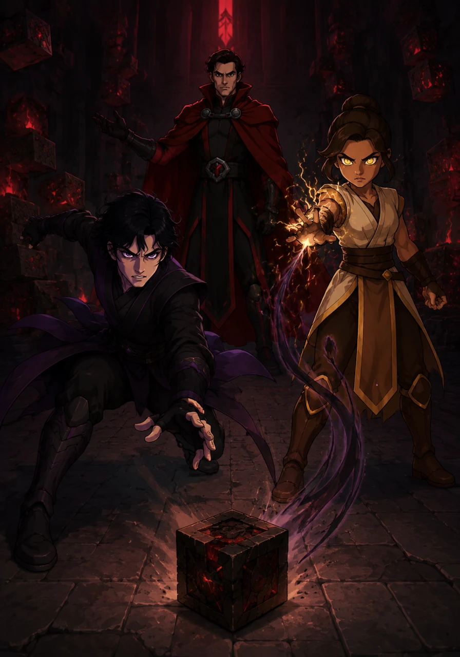Inside a flickering meditation chamber filled with ancient Sith holocrons, Tenax tosses a single charred relic onto the floor between his two pupils. Kaelen immediately lunges forward with a predatory strike, his slender frame coiled like a spring as he seeks to win through speed and martial skill. Vora remains rooted to the spot, her face a mask of intense concentration as she reaches out with a trembling hand, causing the very air to crackle with dark side energy as she attempts to bend the relic to her will.