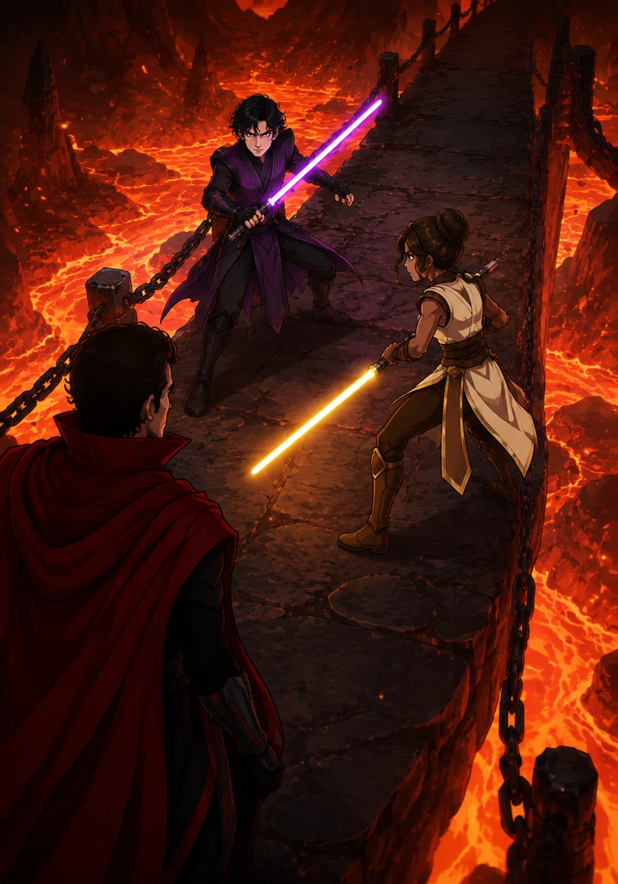 The final trial takes place on a narrow bridge suspended over a sea of churning molten lava, where the heat rises in suffocating waves. Tenax watches from the shadows as the two acolytes face one another, their faces illuminated by the orange glow of the magma and the hum of their ignited blades. Kaelen’s cold determination clashes with Vora’s eager desperation, both young warriors ready to cast aside their humanity to prove they are the only one worthy of the Sith Lord's dark legacy.