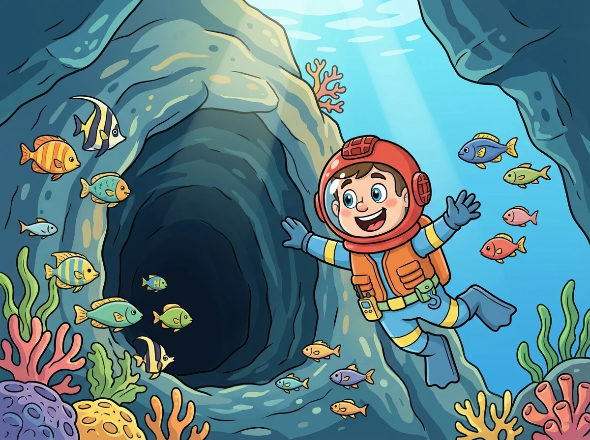 Ricardo ordenou que um mergulhador explorasse a área. O mergulhador encontrou uma enorme caverna subaquática, escondida sob uma formação rochosa.