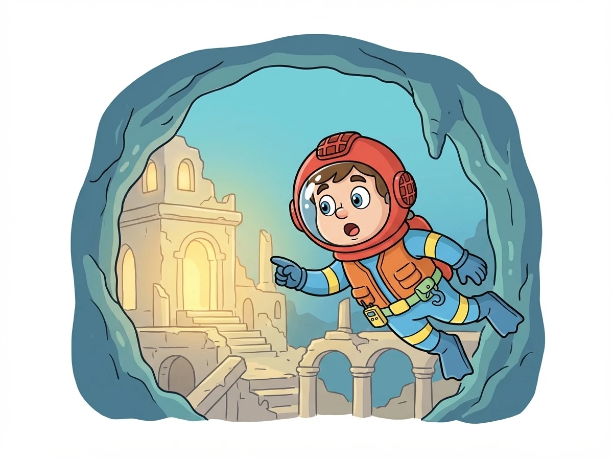 Dentro da caverna, o mergulhador descobriu uma antiga cidade submersa, iluminada por uma luz misteriosa. Ele ouviu sussurros fracos vindo das ruínas.