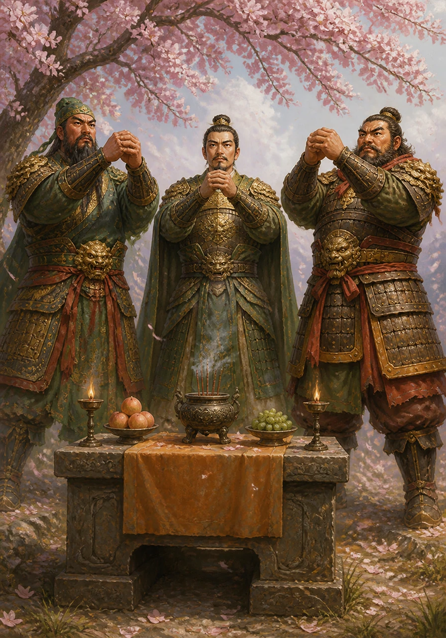 桃花树下，三人摆开香案，焚香跪拜。刘备、关羽、张飞并肩而立，对天立誓，结为异姓兄弟，许下“不求同年同月同日生，但求同年同月同日死”的豪迈誓言。