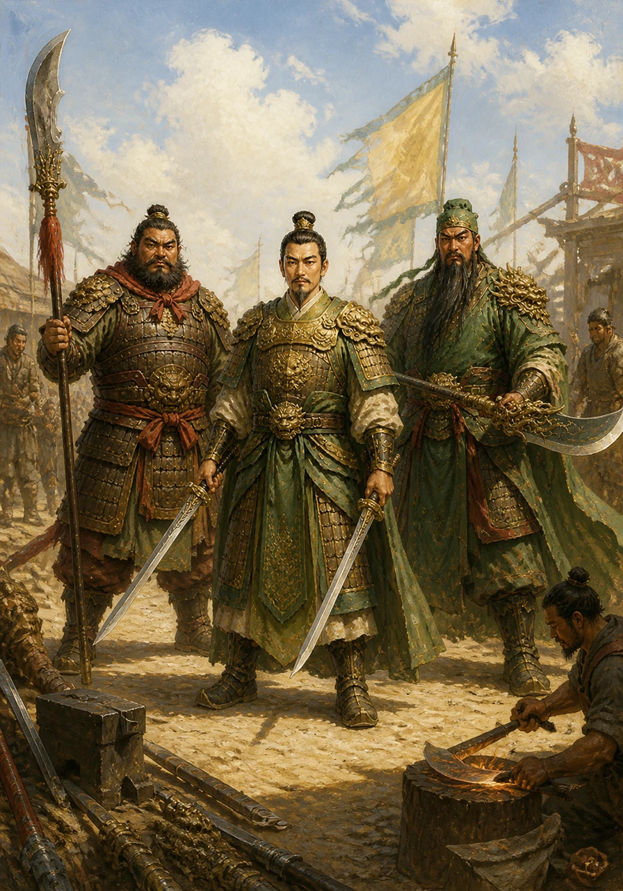 结义之后，三兄弟散尽家财招募义兵，并请名匠打造了各自的兵器。刘备手持双股剑，关羽横握青龙偃月刀，张飞紧握丈八蛇矛，三人在阳光下显得英气逼人。