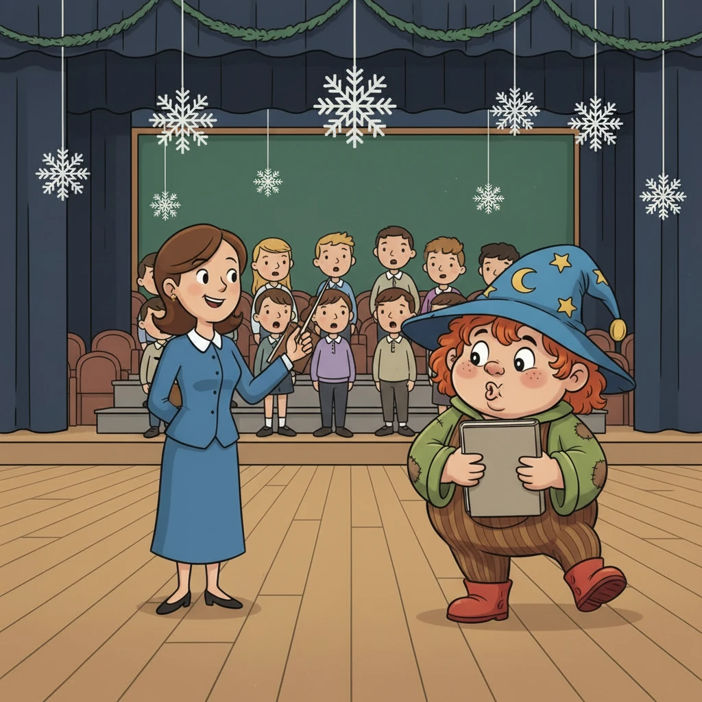 Mentre la maestra di musica batteva il tempo, Giù preferiva dondolarsi sui talloni e fare smorfie ai suoi amici. I suoi compagni aprivano la bocca per intonare le prime note, ma Giù faceva solo rumori buffi. Non gli andava proprio di cantare le canzoni di Natale.