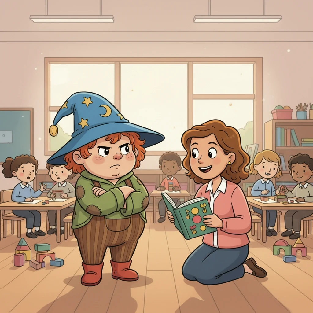 La maestra, con un sorriso paziente, si avvicinò a Giù. "Giù, queste canzoni sono bellissime, non vuoi provare a cantare con noi?" gli chiese dolcemente. Giù incrociò le braccia e sbuffò, scuotendo la testa con decisione.