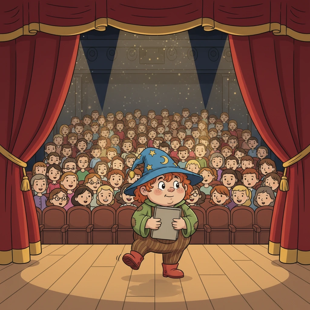 Arrivò il giorno dello spettacolo. Il teatro era pieno di genitori e nonni emozionati, con luci scintillanti che illuminavano il palco. Giù sentiva un piccolo batticuore, ma questa volta non era per l'irrequietezza, bensì per l'eccitazione di esibirsi.