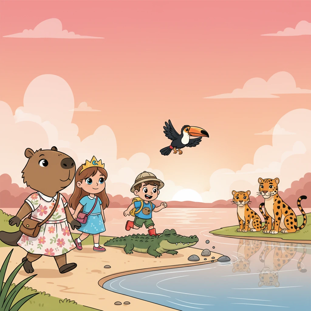 O sol começava a pintar o céu do Pantanal com tons rosados, enquanto o Rio Paraguai murmurava baixinho. Capiamiga, com seu vestido florido e bolsinha a tiracolo, caminhava pela margem, seguida por Anna, quietinha, e João, que corria à frente, chutando pedrinhas. Zecaré arrastava-se preguiçoso, Tuco voava baixo e Juma e Biguá observavam a água com atenção.