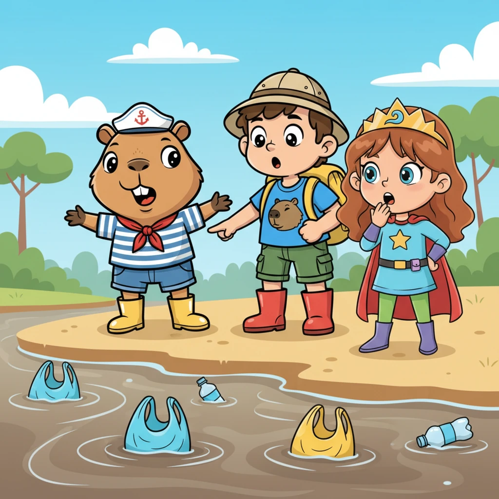 De repente, João parou bruscamente, com os olhos arregalados. "Ei… o que é aquilo?", ele exclamou, apontando para a água. Sacolas e uma garrafa giravam na correnteza, algo incomum para o rio que era vida no Pantanal.