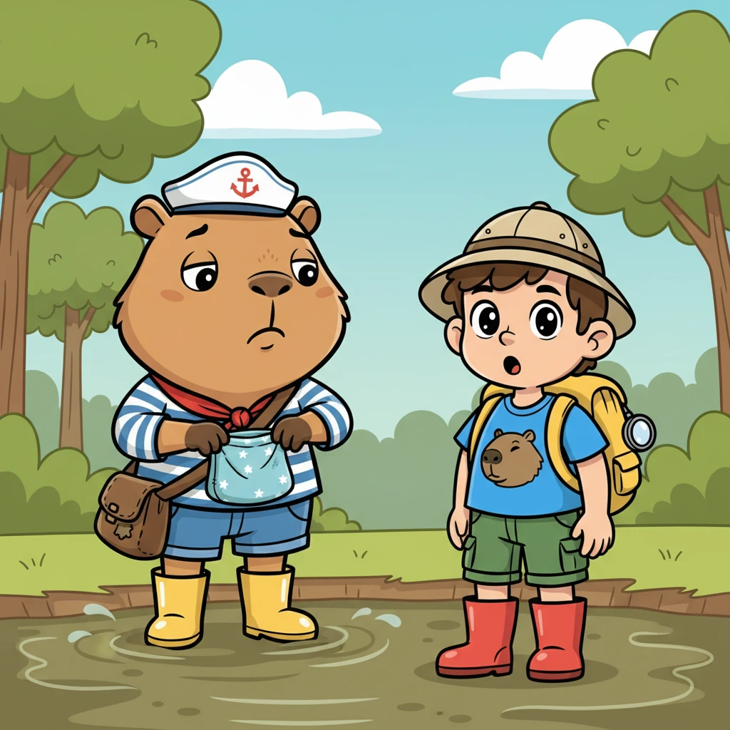 Capiamiga observou a sujeira na água com uma expressão pensativa. Sem dizer uma palavra, ela abriu devagar sua bolsinha surrada, sua fiel companheira de aventuras. De dentro, tirou um saquinho dobrado, surpreendendo João, que comentou: "Você sempre tem alguma coisa aí!"