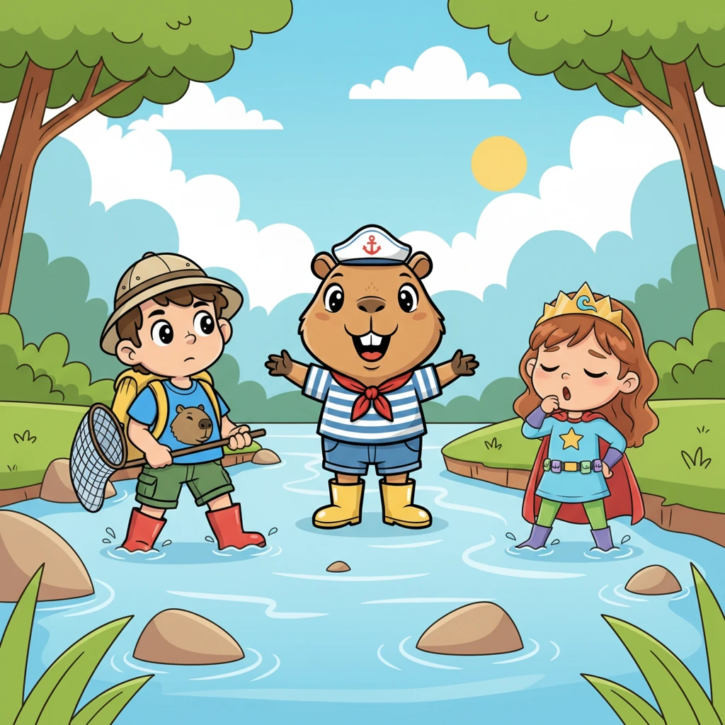 Capiamiga sorriu gentilmente para os amigos, explicando que podiam começar a ajudar. Zecaré, com um suspiro preguiçoso, entrou na parte rasa do rio, mas logo pediu um lanche depois. Tuco desceu um pouco mais, ainda um pouco receoso, mas pronto para participar.