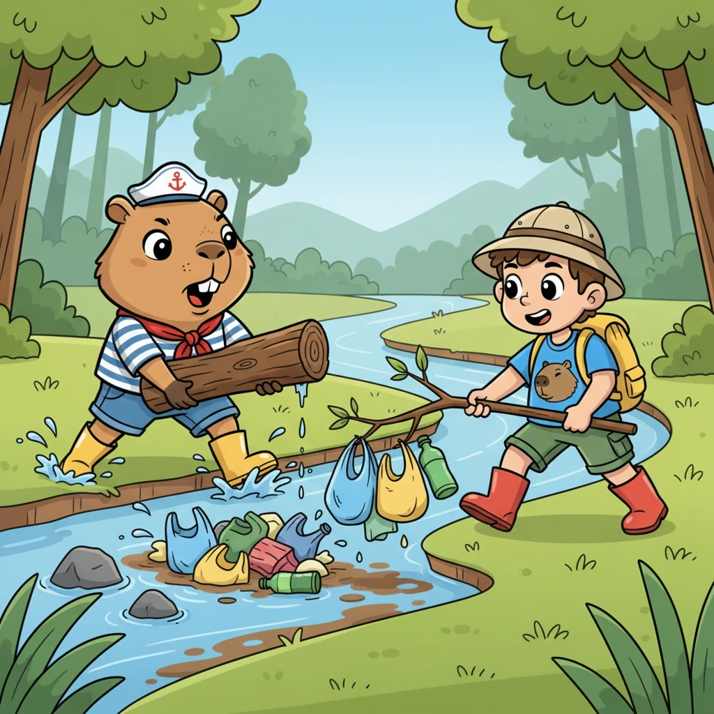 Juma, com suas patinhas fortes, se aproximou da água e, sem hesitar, levantou um tronco pesado que prendia um monte de lixo. João, rápido como um raio, pegou um galho comprido e começou a puxar as sacolas e garrafas para fora da água.