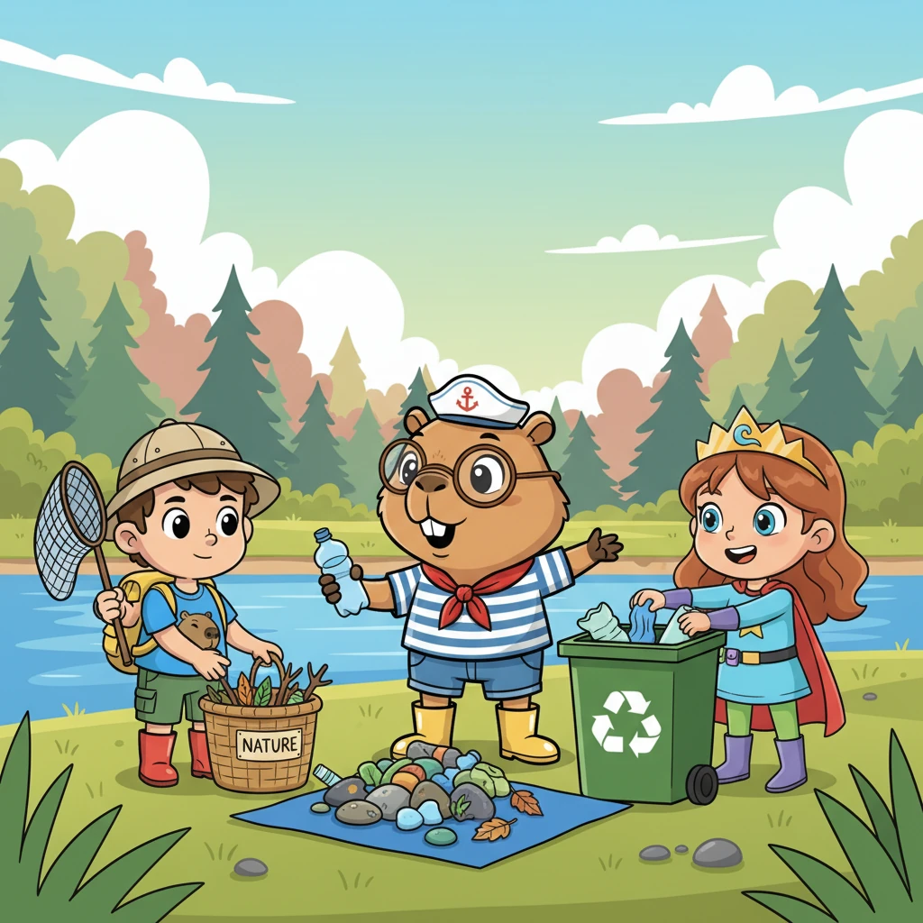 Biguá, com seus óculos redondos e olhar atento, organizava tudo cuidadosamente na margem. Ele separava o que era lixo de verdade do que pertencia à natureza, mostrando a todos a importância de cuidar do meio ambiente. A turma trabalhava em equipe, com cada um fazendo sua parte.