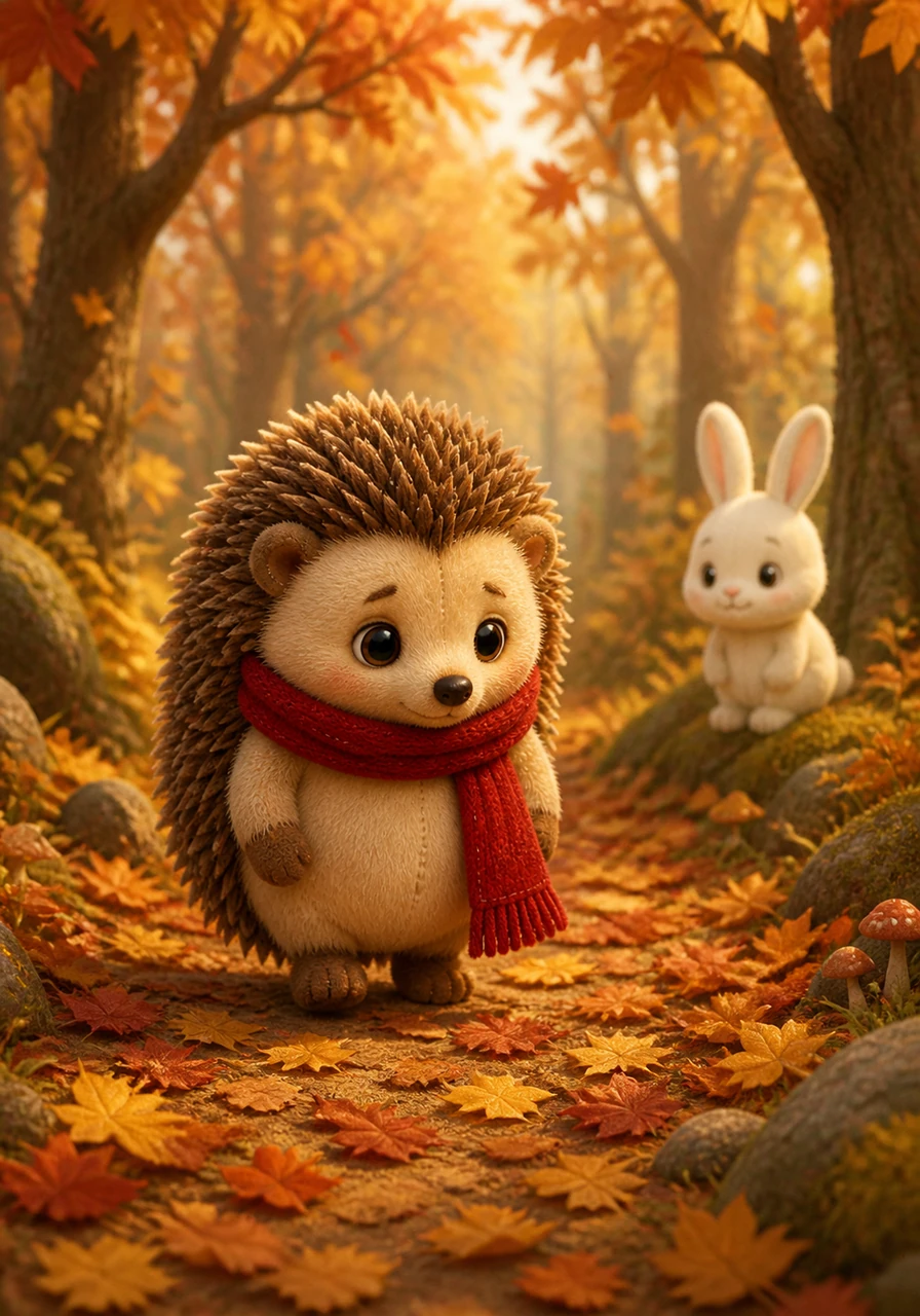 En un rincón tranquilo del bosque vive Rizo, un pequeño erizo de ojos brillantes y una bufanda roja muy suave. Aunque su corazón es dulce y está lleno de bondad, siempre camina solo entre las hojas secas del otoño.