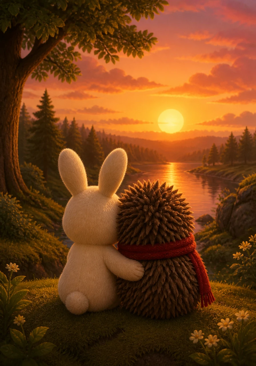 Al final del día, Rizo y Pelusa se sientan juntos a ver el hermoso atardecer, compartiendo el silencio del bosque. Rizo ha aprendido que a veces solo necesitamos encontrar a alguien lo suficientemente valiente para acercarse y abrazar nuestra verdadera esencia.