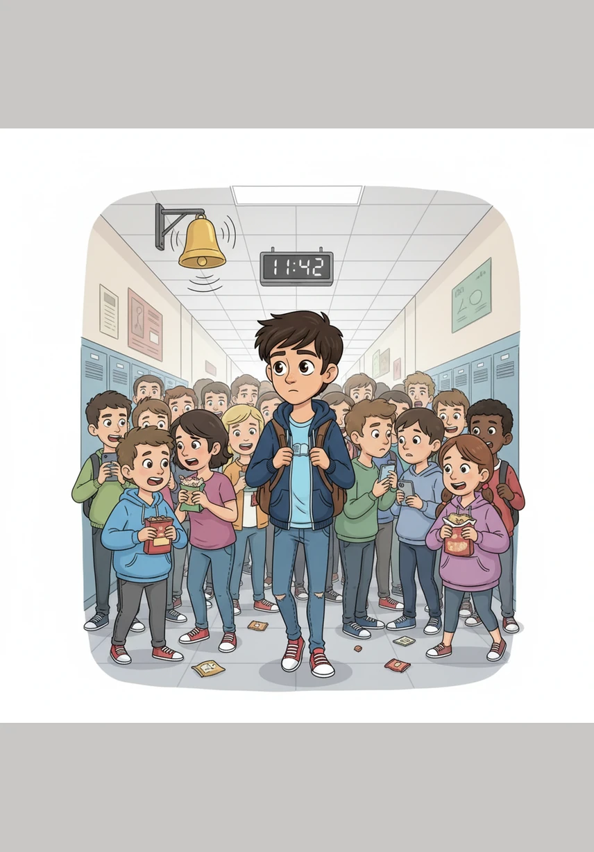 La campanella delle 11:42 squilla, riempiendo il corridoio di un miscuglio caotico di voci, cellulari accesi e merendine scartate. Luca cammina tra la folla con lo zaino stretto a una spalla, sentendo dentro di sé un peso metallico che non ha nulla a che fare con i libri di scuola.