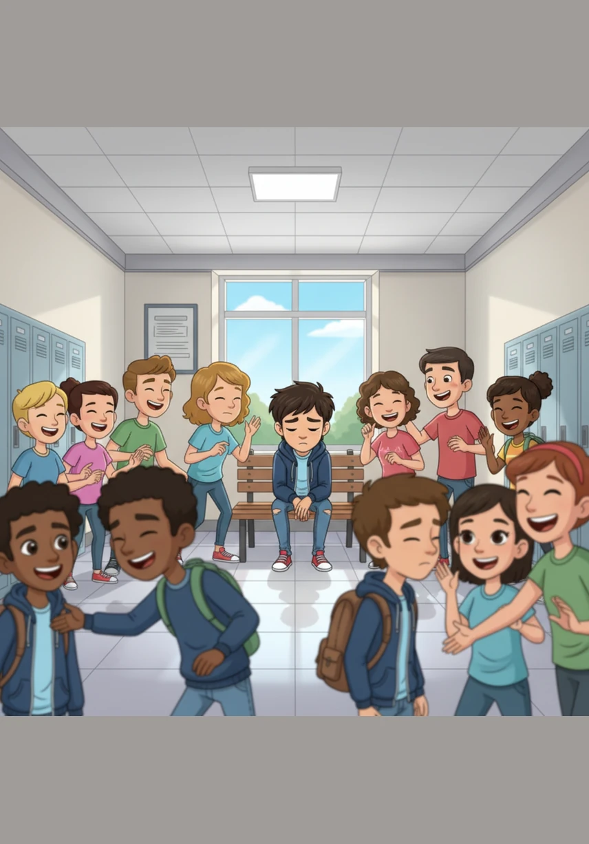 Sullo schermo appare un corridoio vuoto, identico al loro, e un ragazzo seduto da solo su una panchina. Attorno a lui, i compagni ridono e scherzano senza accorgersi della sua sofferenza, proprio come accade ogni giorno a Luca durante l'intervallo.