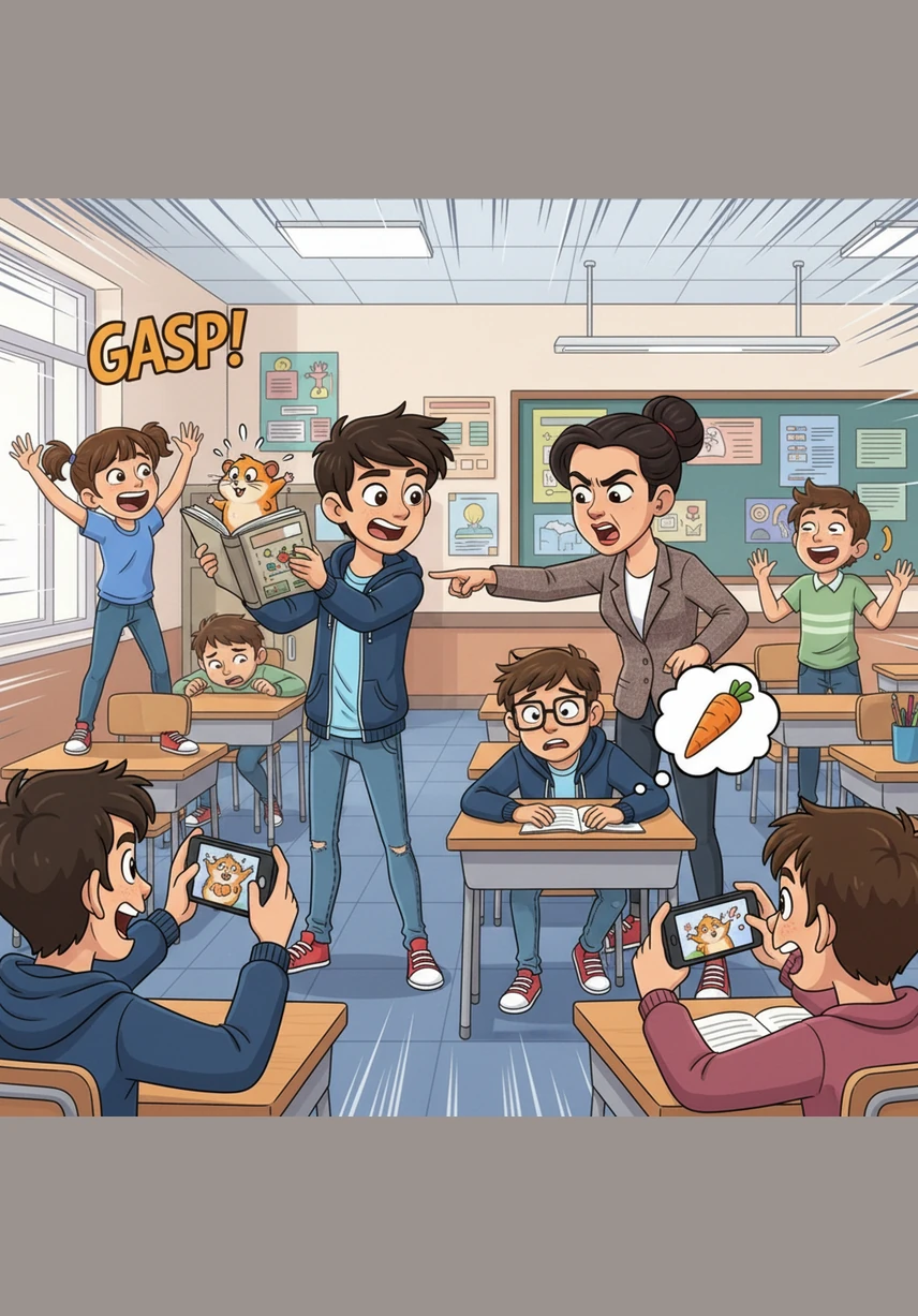 La tensione raggiunge il culmine quando il ragazzo nel video apre lo zaino per mostrare un'arma, seguito da un silenzio improvviso e da uno schermo nero. La domanda 'Pensi che questo lo renderà più forte?' appare luminosa, lasciando l'intera classe in uno stato di shock profondo.