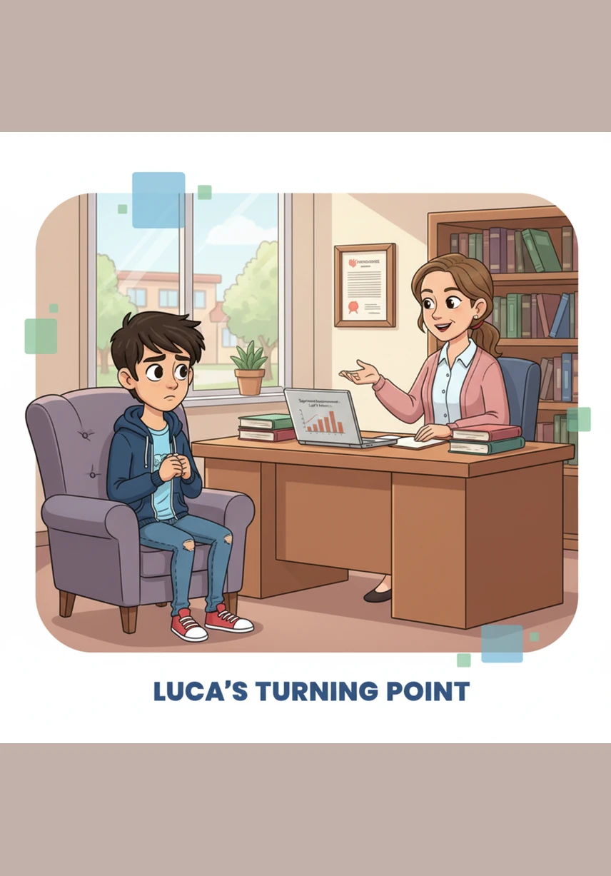 La scena cambia e mostra una via d'uscita: lo stesso ragazzo seduto in un ufficio mentre parla con uno psicologo scolastico. Un messaggio potente scorre sullo schermo, ricordando a tutti che chiedere aiuto non è un segno di debolezza, ma un atto di estremo coraggio.