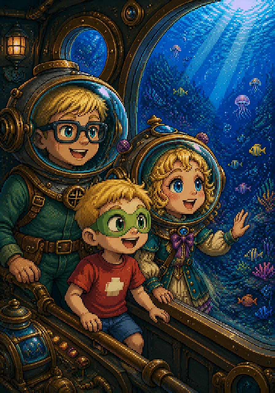 Eight-year-old Daithi adjusted his glasses and looked out at the sparkling blue ocean, ready for a big adventure. Beside him stood five-year-old Oisin, blinking through his bright green glasses, while eight-year-old Mallaidh shook her pretty blonde curls with excitement. Together, they stepped into their magical glass submarine and slowly descended into the deep blue water.