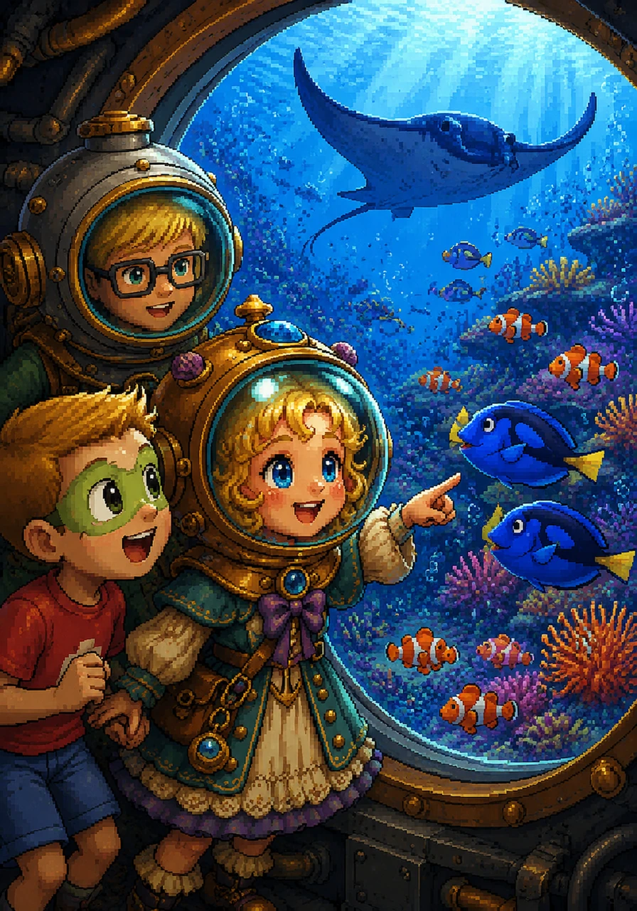 The submarine glided past a magnificent, glowing coral reef teeming with colorful life. Schooling clownfish danced through waving anemones, and friendly blue tangs swam up to greet the children through the glass windows. Mallaidh pointed happily at a giant, gentle manta ray gliding gracefully above them like a dark blue kite.
