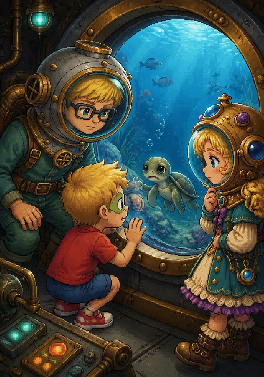 Suddenly, a tiny, distressed baby sea turtle named Barnaby tapped his flipper against the submarine window. Daithi leaned forward to inspect the little creature, noticing that Barnaby looked very lost and worried. Oisin pressed his nose against the glass, wishing he could give the lonely little turtle a warm hug.