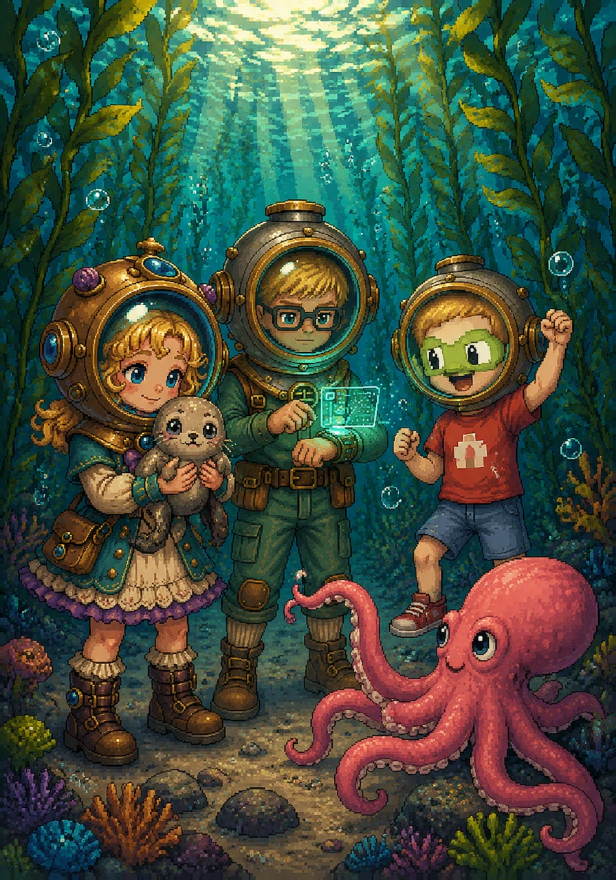 The children put on their magical diving helmets and stepped out into the warm ocean water to help their new friend. Mallaidh gently held Barnaby in her hands, while Daithi checked a glowing digital map on his wrist to find the turtle's missing family. Oisin cheered as a friendly pink octopus swam over, offering to guide them through the kelp forest.