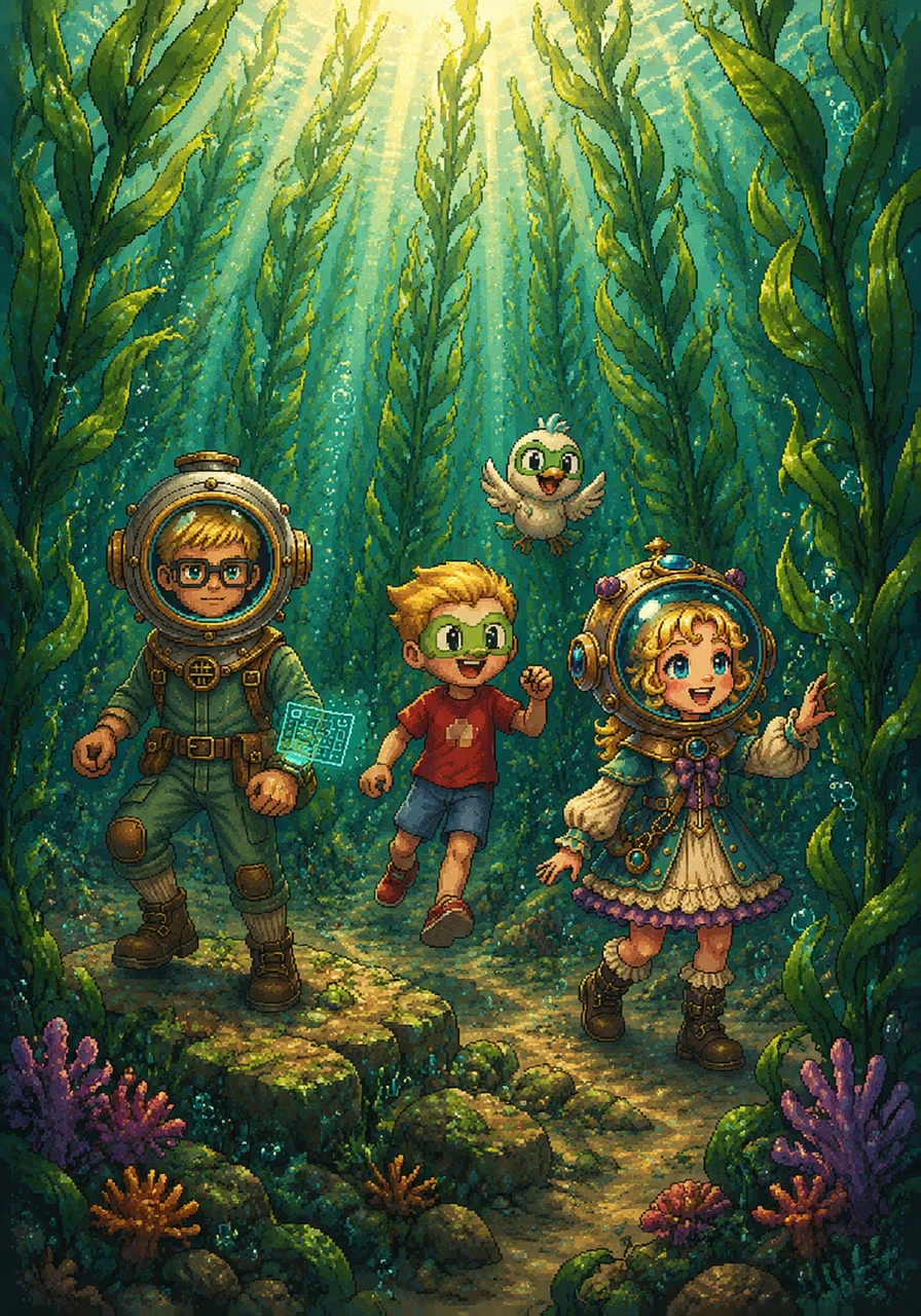 They journeyed into a towering forest of emerald green kelp that swayed gently in the underwater current. High above, beams of golden sunlight filtered through the water, creating a magical pattern of light and shadow on the ocean floor. Barnaby chirped happily, feeling safe surrounded by his three brave human protectors.