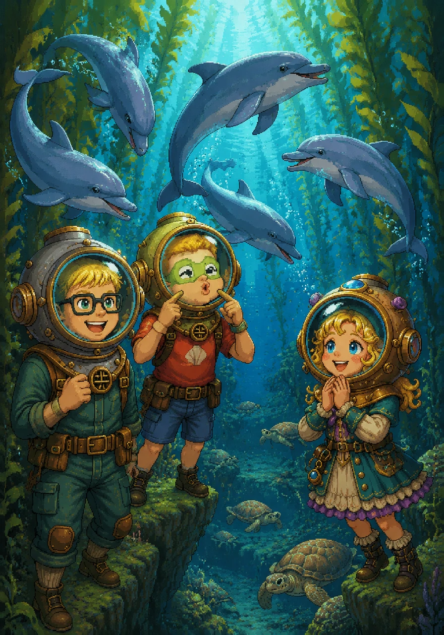 Deep in the kelp forest, the group encountered a playful pod of dolphins spinning and doing flips in the water. The dolphins clicked and whistled, pointing their noses toward a deep underwater canyon where the sea turtle families usually gathered. Oisin tried to whistle back through his helmet, making everyone laugh.