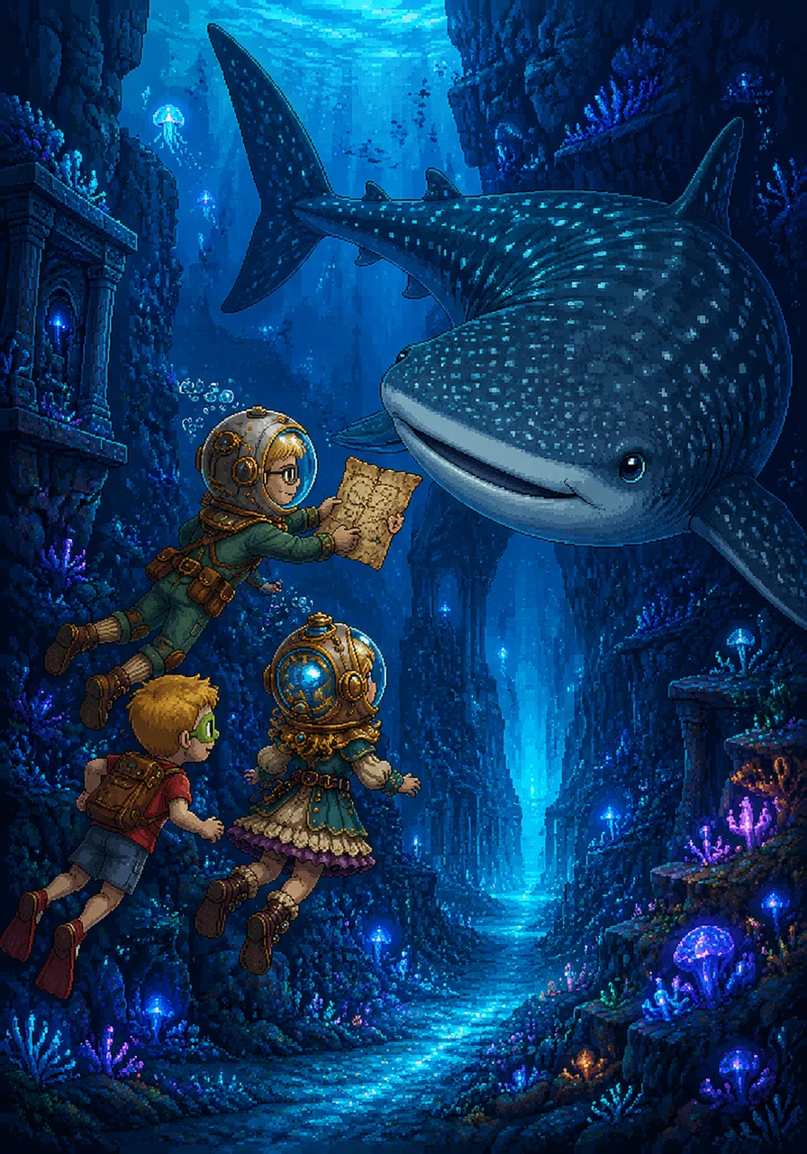As they approached the dark canyon, a large but friendly whale shark swam out from the shadows to greet them. Daithi bravely swam forward, using his map to show the giant fish who they were looking for. The whale shark smiled and motioned with its massive tail for the children to follow it into the glowing canyon.