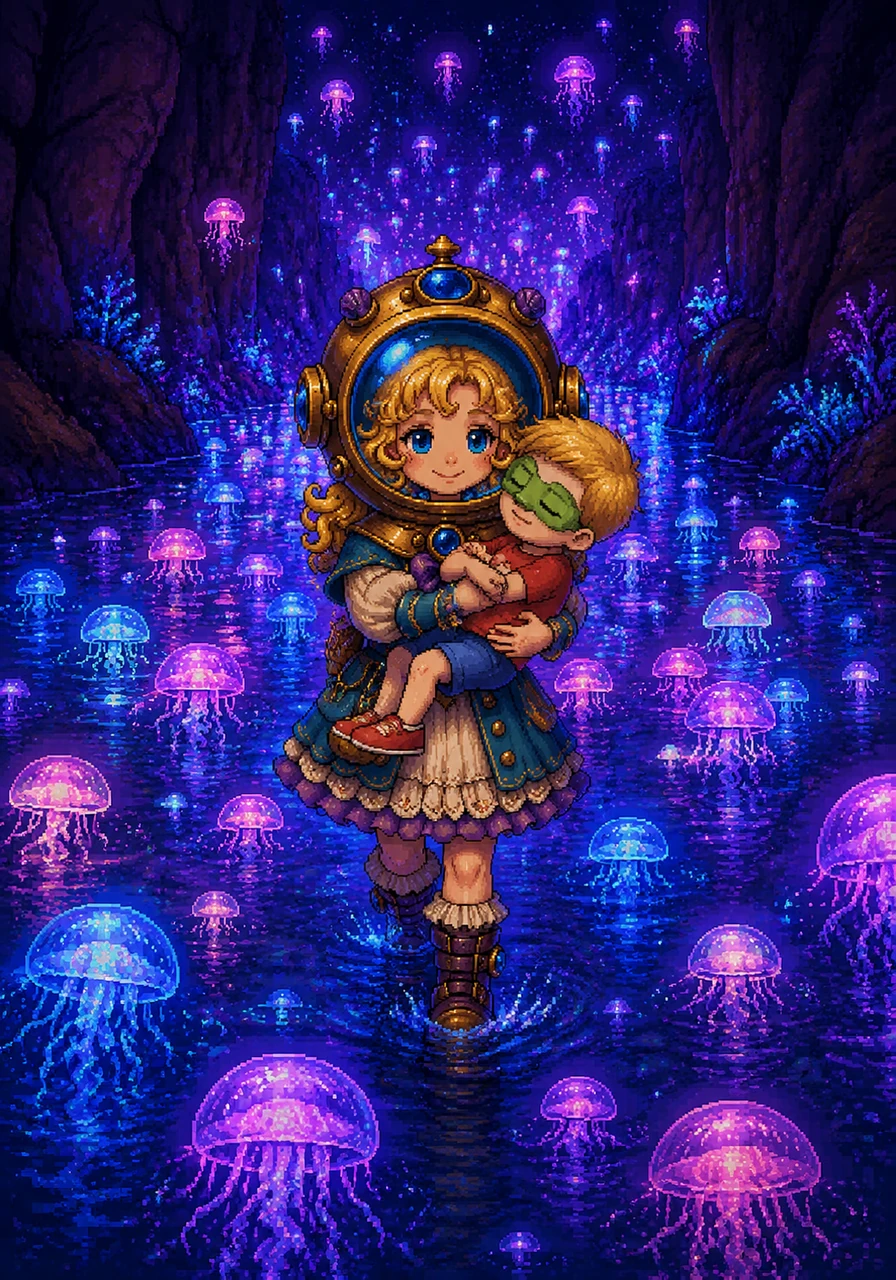 Inside the canyon, the water was filled with thousands of bioluminescent jellyfish glowing in shades of pink, purple, and blue. Mallaidh’s blonde curls seemed to shimmer in the beautiful neon light as she carefully carried Barnaby through the floating lanterns. The whole underwater world looked like a starry night sky.