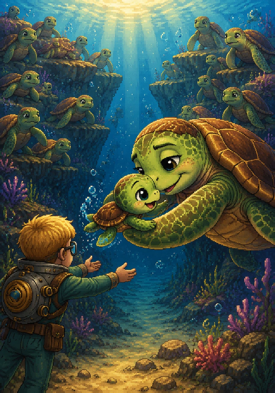 On the other side of the glowing canyon, a large group of adult sea turtles was waiting anxiously near a sandy ocean bed. Barnaby recognized his mother and swam eagerly out of Mallaidh's hands, kicking his little flippers as fast as he could. The mother turtle wrapped her flippers around her baby in a loving embrace.