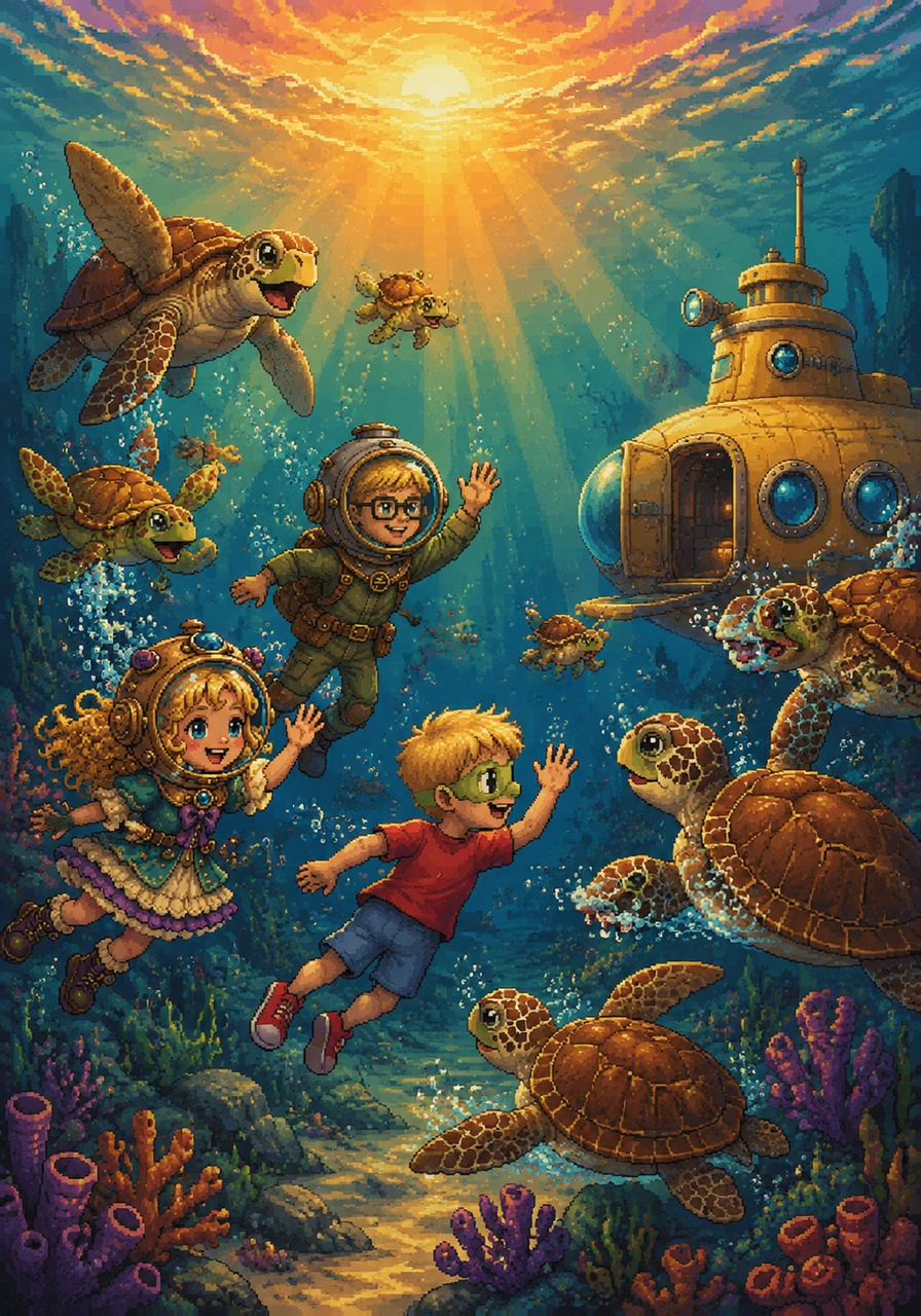 The entire turtle family swam around Daithi, Oisin, and Mallaidh, splashing happily to show their immense gratitude. With waves and smiles, the three children swam back to their submarine, waving goodbye to their underwater friends as they began their journey home under the setting sun.