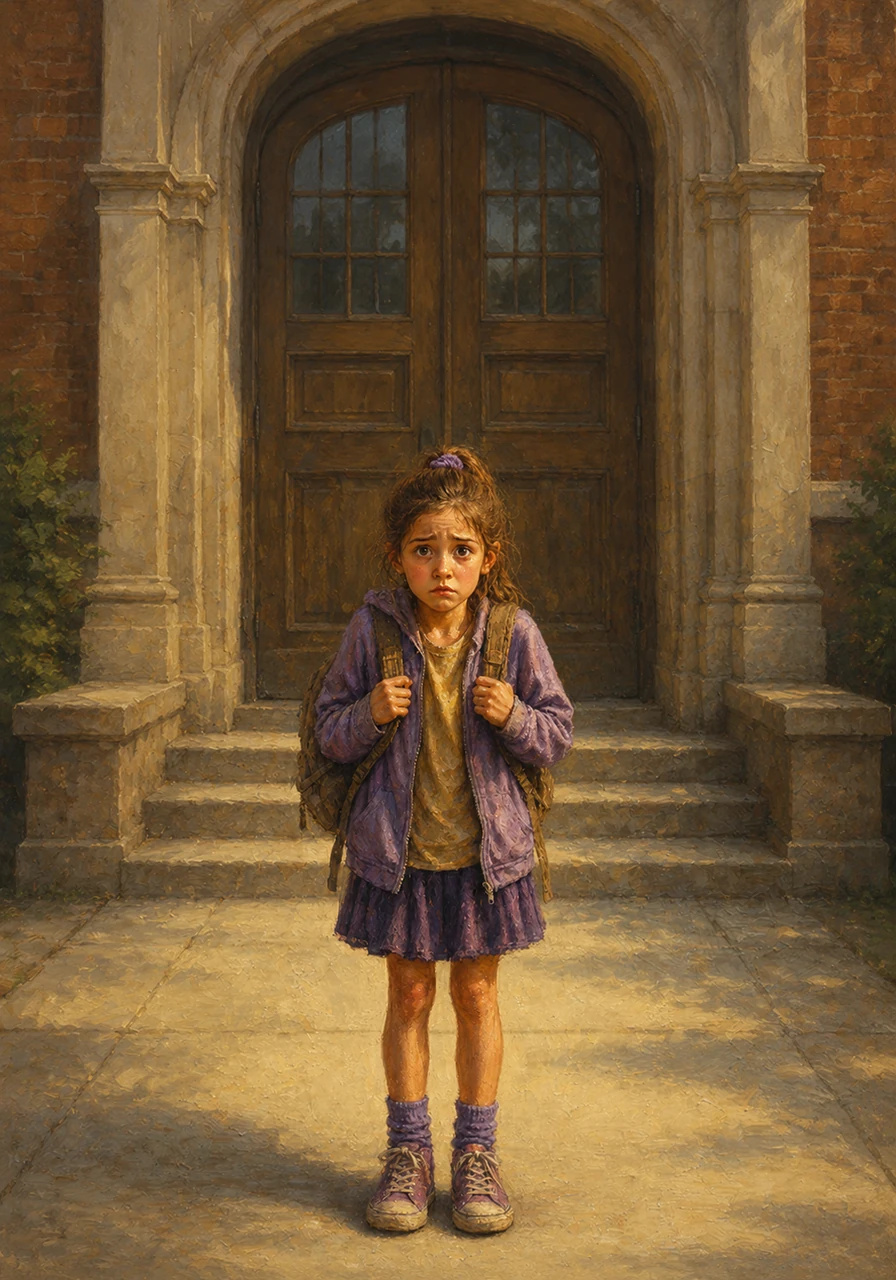 Cecily squeezed her backpack straps tightly as she stood before the towering front doors of Oak Creek Elementary, her stomach fluttering like a trapped butterfly. Her family had just moved to this unfamiliar town, leaving everything she knew behind, and the thought of stepping inside made her want to run right back to her mother's warm embrace.