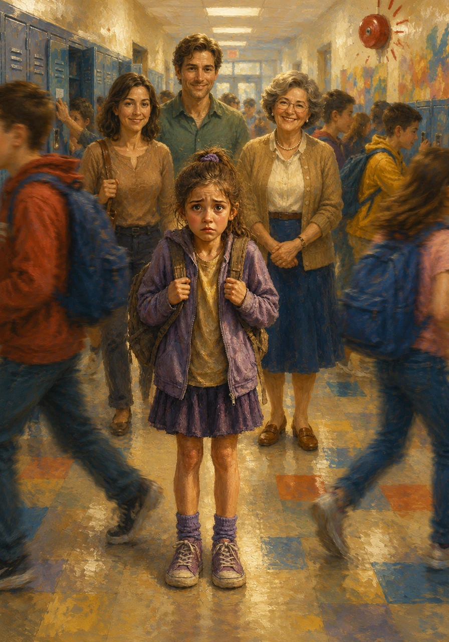 The hallway was a dizzying blur of bright colors, rushing students, and roaring chatter that echoed off the polished floors. Loud metal bangs rattled the air as locker doors slammed shut, and a sudden, sharp ring of the morning bell made Cecily jump, signaling that it was time to face her new classroom.