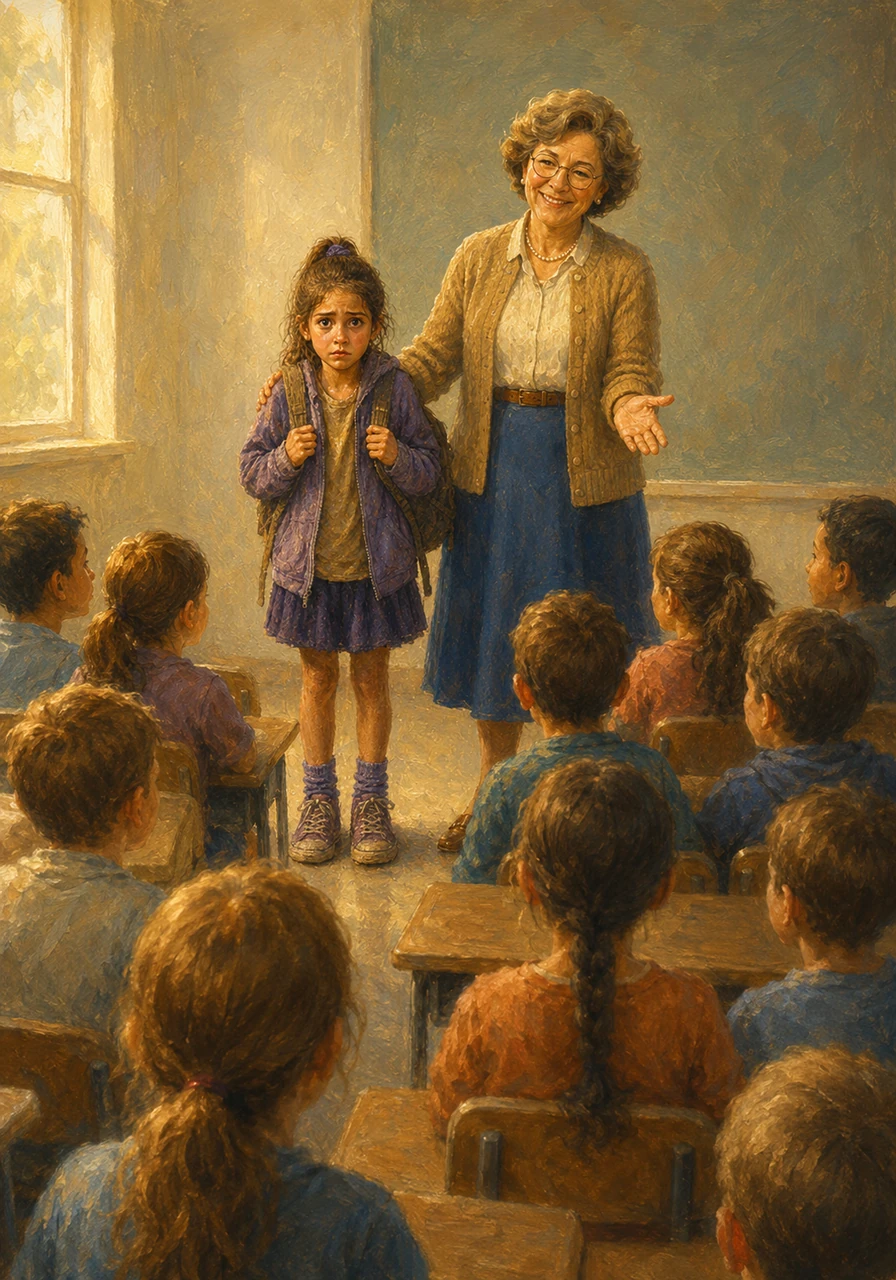 With heavy steps, Cecily followed her principal down the long corridor, each footstep bringing her closer to Room 3A. She stood trembling at the front of the classroom as her new teacher, Mrs. Davis, smiled warmly and introduced her to a sea of staring, curious faces.