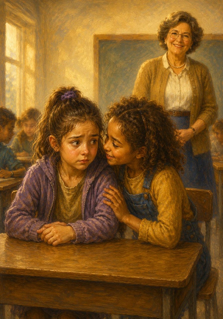 Mrs. Davis pointed Cecily toward an empty desk next to a bright-eyed girl with bouncing curls named Maya. As Cecily sat down, Maya leaned over with a gentle smile and whispered that she had prayed for a kind deskmate that very morning, instantly warming Cecily's cold hands.