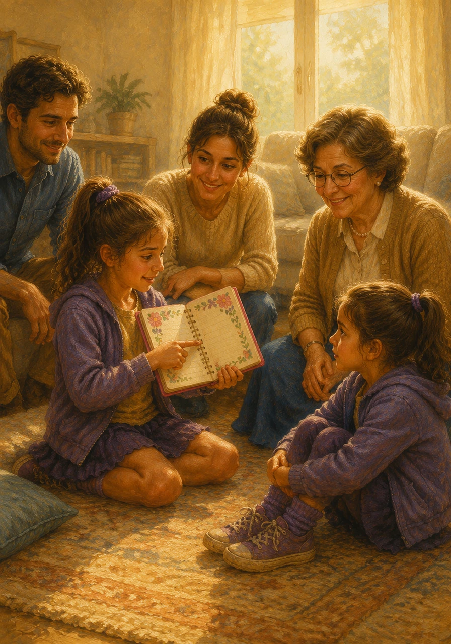 During the morning reading hour, Maya opened a colorful notebook and pointed to a beautifully written sentence, sharing her favorite reminder that God is always near. She softly read Joshua 1:9, telling Cecily that whenever she feels afraid, she can remember to be strong and courageous because the Lord is with her wherever she goes.