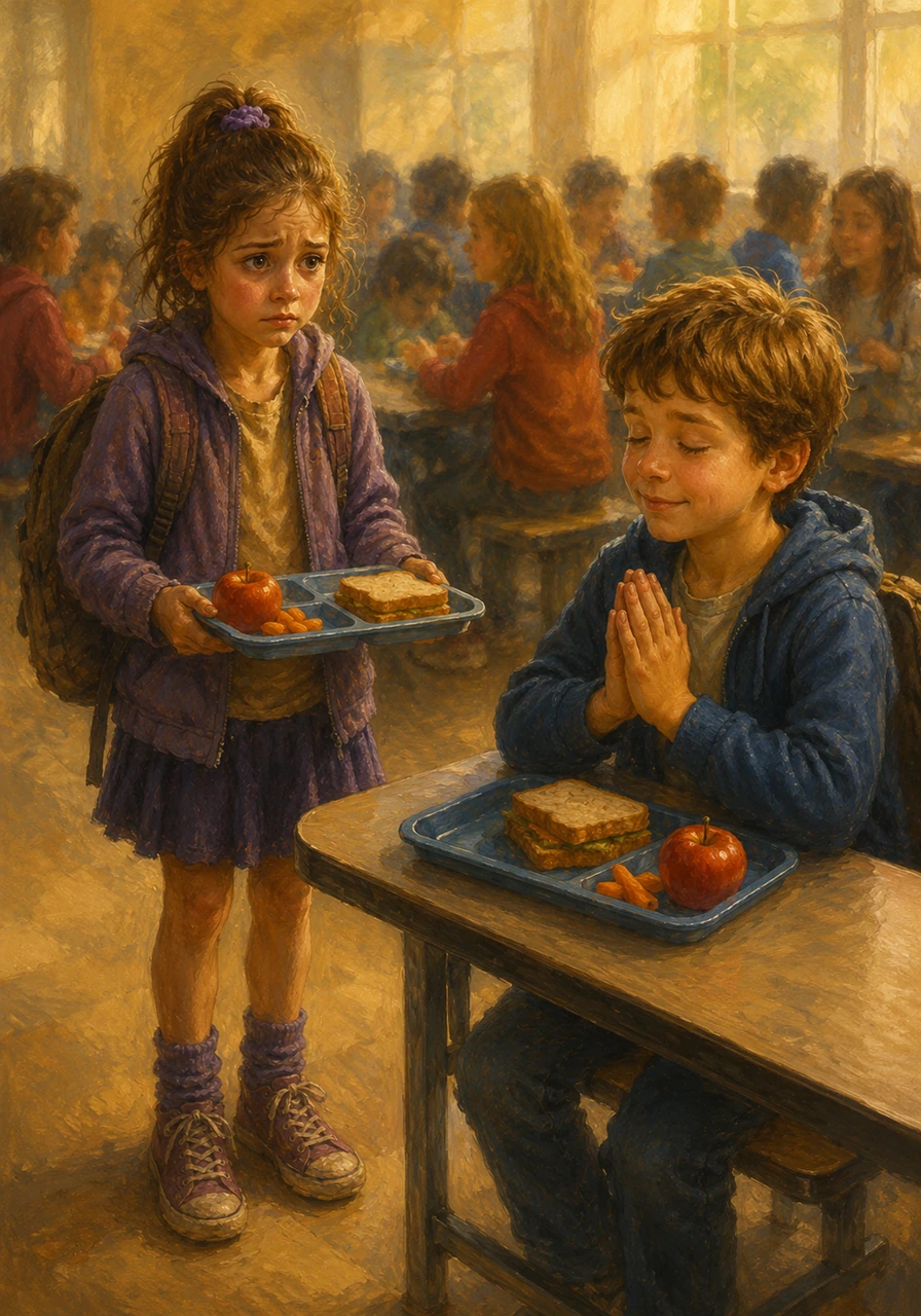 At lunchtime, the cafeteria was a mountain of noise, and Cecily hesitated with her tray until a friendly boy named Caleb waved her over to his table. Before taking a bite of his sandwich, Caleb folded his hands and closed his eyes, thanking God for the food and for bringing a new friend into their lives today.