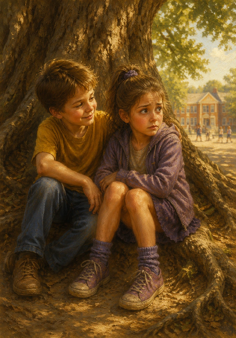 While sitting together under the big oak tree at recess, Caleb noticed Cecily looking back toward the school anxiously. He smiled and shared a short, comforting verse from Psalm 56:3, humming a little tune that went, When I am afraid, I will trust in You, showing her how singing can wash the worries right away.