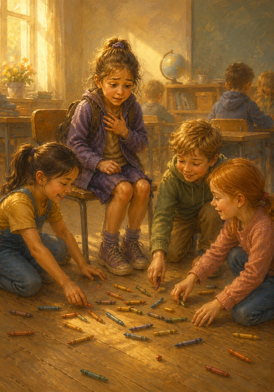 Later in the afternoon, during a tricky math lesson, Cecily accidentally dropped her box of crayons, sending them rolling across the floor in every direction. Instead of laughing, three nearby classmates immediately knelt down to help her gather them up, giggling softly to make her feel at ease.