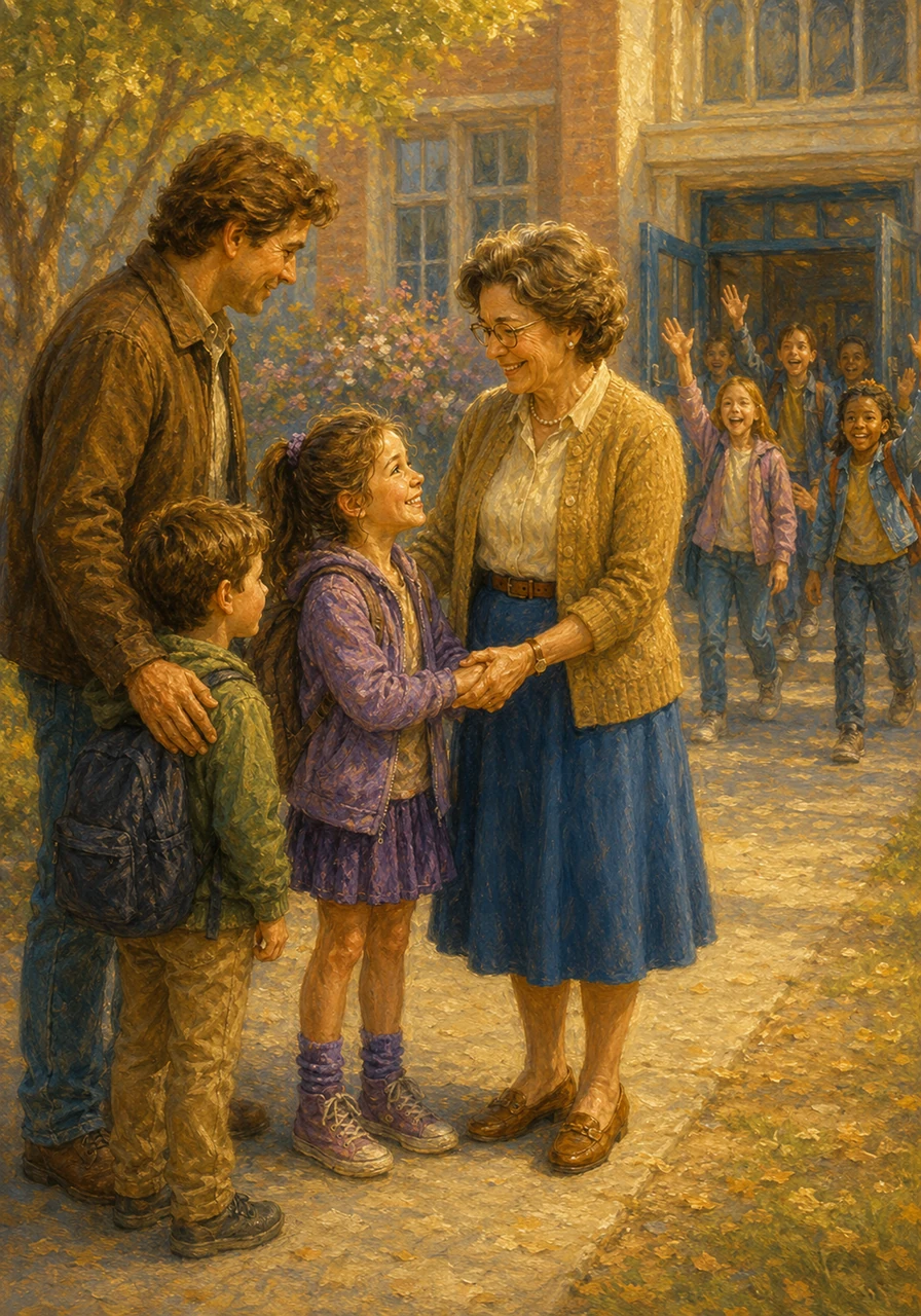 As the final bell rang and Cecily walked out to meet her mother, her heart felt light, full, and bursting with new joy. She smiled back at her new circle of friends waving from the courtyard, knowing that through God's love and His beautiful words, this new place finally felt like home.