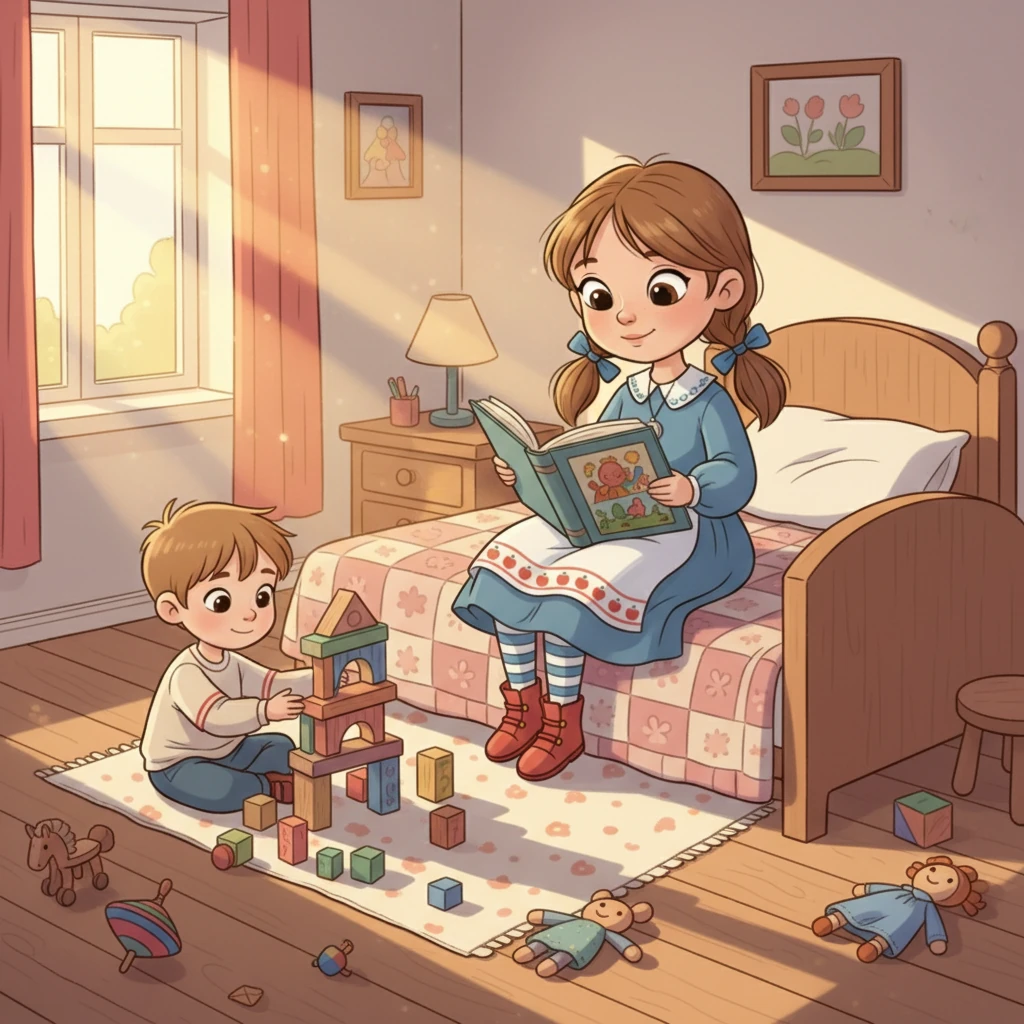 Утро в комнате Алины и Дани. Солнечные лучи пробиваются сквозь окно, освещая игрушки на полу. Алина, одиннадцатилетняя девочка с косичками, сидит на своей кровати и читает книгу. Её младший брат, пятилетний Даня, увлеченно строит башню из кубиков рядом.