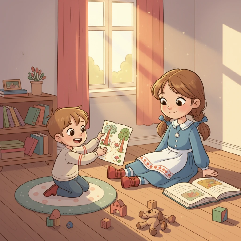 Даня вдруг поднимает голову, его глаза сияют. Он показывает Алине рисунок, который только что нарисовал: большой, загадочный лес с извилистой тропинкой. "Алина, давай найдем этот лес!" - восторженно говорит он. Алина откладывает книгу, улыбаясь озорному выражению лица брата.