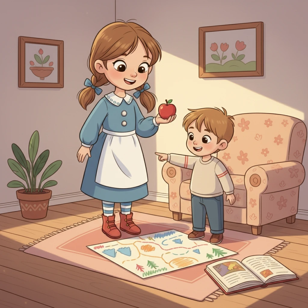 Алина, вздохнув, но с улыбкой, соглашается на "экспедицию". Она объясняет Дане, что у каждой большой экспедиции есть правила: нужно взять с собой "провизию" (яблоки) и "карту" (рисунок Дани). Даня радостно кивает, предвкушая приключение.