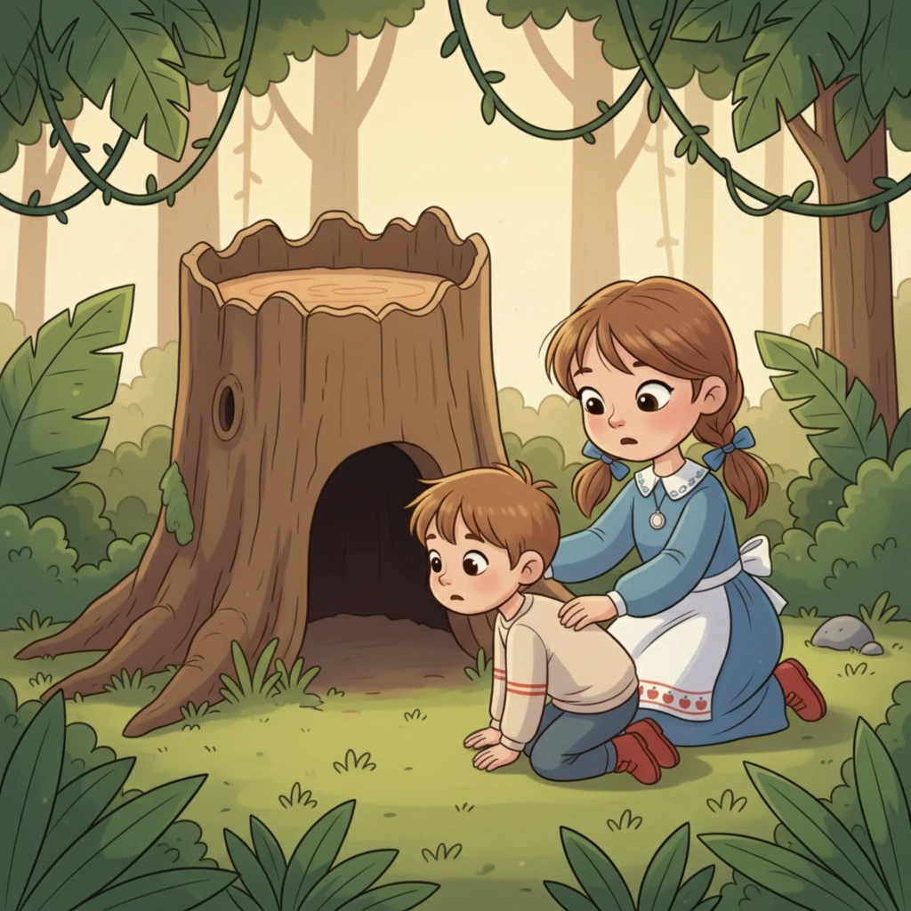 В самом центре "джунглей" они находят старый, поваленный пень, который Даня объявляет "логовом дракона". Смелый малыш пытается заглянуть внутрь, но ему немного страшно. Алина, заметив его опасения, решает помочь.