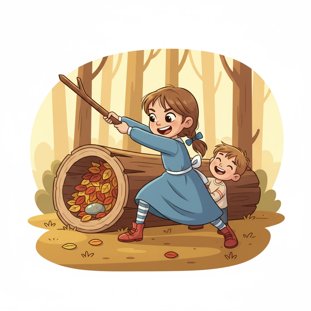 Алина берет палку, объявляя ее "волшебным мечом", и храбро "сражается" с "драконом", громко шутя и заставляя Даню смеяться. Они вместе исследуют "логово", находя внутри несколько ярких листьев и блестящий камушек. Это "сокровища дракона"!